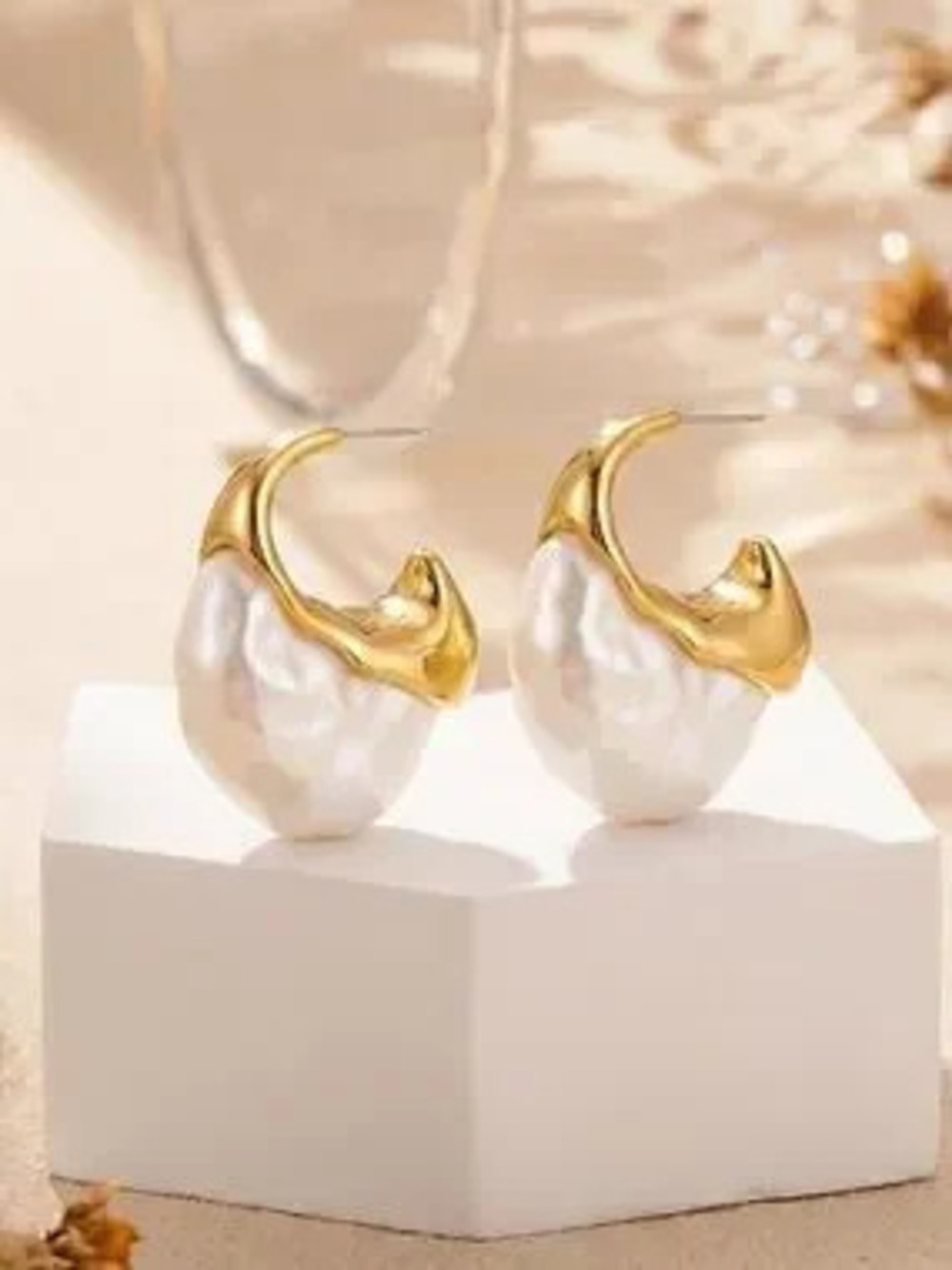 Organic Baroque Pearl Sculptural Gold Hoop Earrings